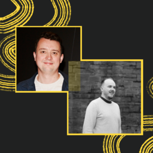 A collage of 2 images, a headshot for the workshop facilitators Ben Glover and Daniel Hughes. Ben in the top left looks toward the camera with a smile. Daniel in the second image stands outside near a stonewall and looks away from the camera smiling.