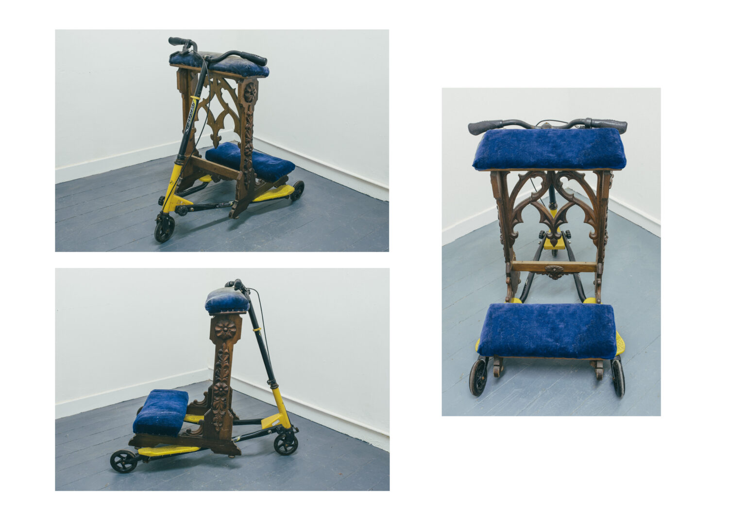 Three photographs from differing angles of the same 3D sculpture. The sculpture is a hybrid object, a carved wooden church pew which sits atop a modern yellow scooter. The ornate pew straddles the two footboards of the scooter, while tilting forward to rest against the scooter’s handlebars. The materials contrast sharply—modern metal and plastic against aged wood and plush, padded fabric. The scooter has seen some use and has a few scratches. The old pew’s carvings include decorative rosettes and scrolling foliage, with the cushion pads fraying a little.
